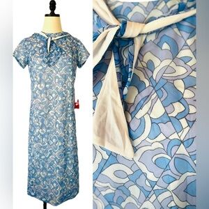 Vintage 1960's Psychedelic Pattern Blue Dress Medium Flower Power Deadstock Tags